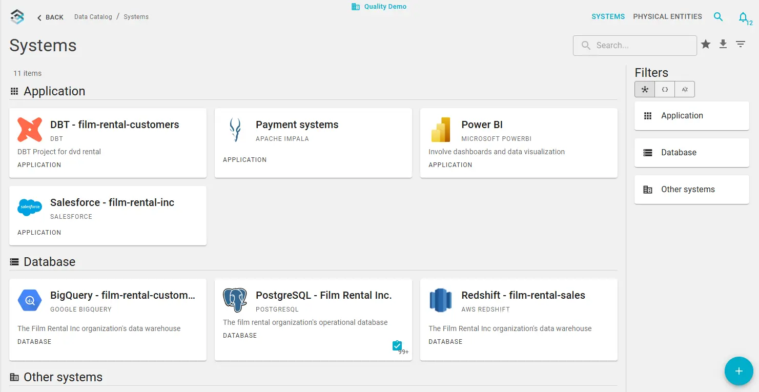 Data Catalog: systems grouped by type with filters